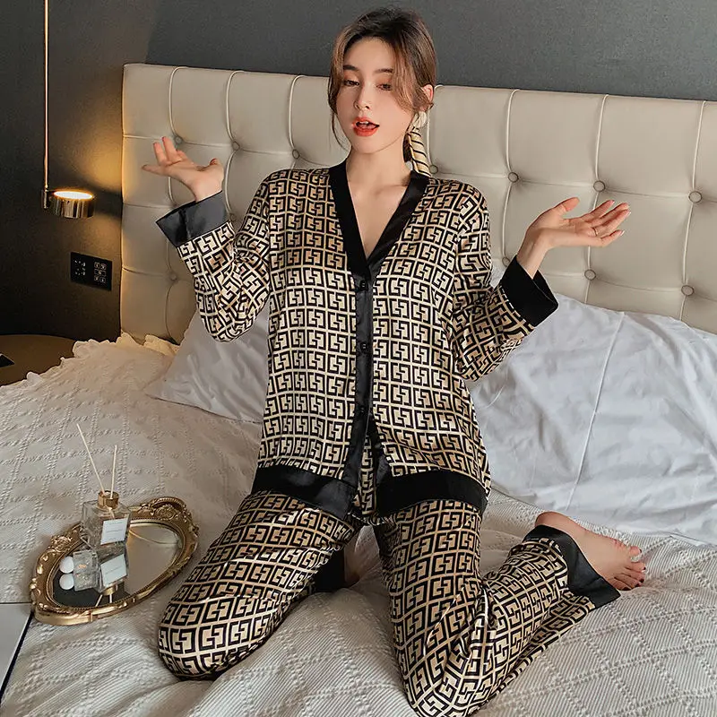 Pajamas for men and women in spring, summer and summer silk ice silk long-sleeved home clothes spring and autumn thin silk plus