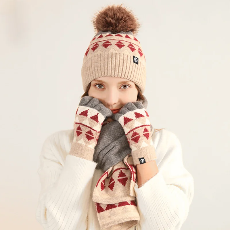 Winter Neues Produkt Japanische Strickhandschuhe Schals Mützen 3-teiliges Set aus warmer und kältebeständiger Wolle mit Modeaccessoires Weihnachtsgeschenk_voghion.com