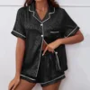Womens Satin Printed Pajamas Sets Short Sleeved Lapel Silk Housewear Comfortable Girl Tops+Shorts 2 Pcs Set Size 12 Plus-size 5