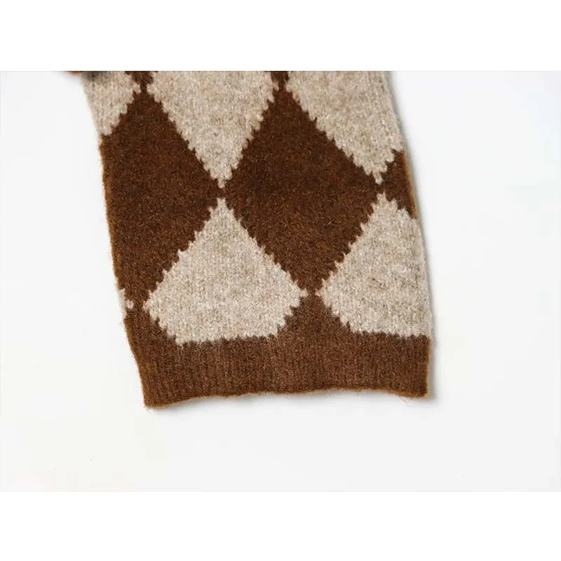 Vintage Casual Chic Women Sweater Argyle O-Neck Long Sleeve Pockets Knitted Cardigans Fashion 2025 Autumn Winter Sweater