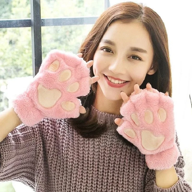 

Women Mittens Winter Warm Soft Short Finger less Mittens Girls Fashion Lovely Cat Paw Plush Leisure Bear Gloves ST2225