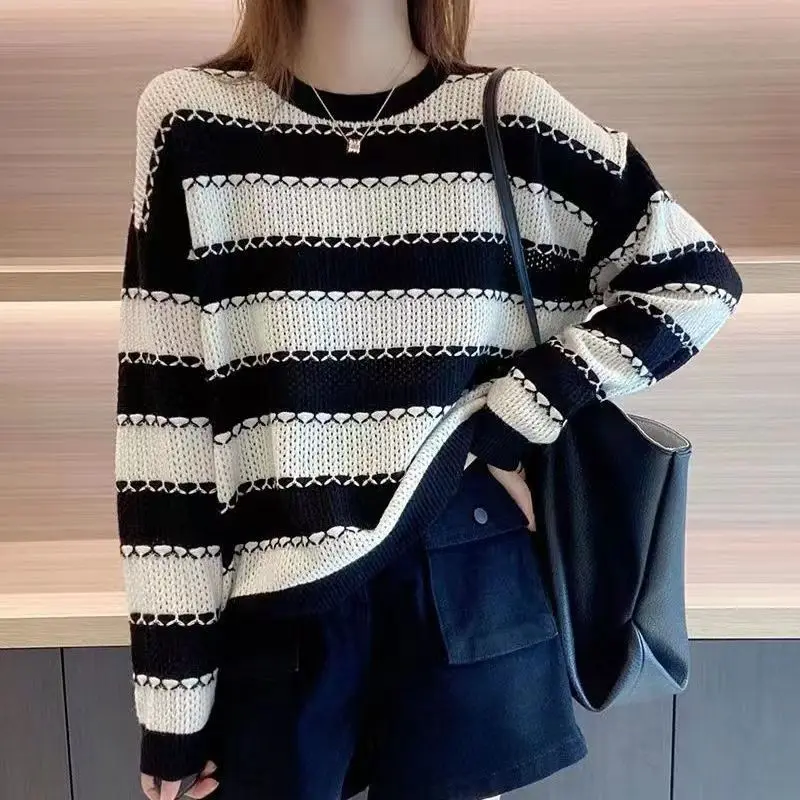 thumbnail image 1 of Suéteres de cuello redondo de manga larga con rayas y retazos para mujer, moda de otoño e invierno, suéteres coreanos que combinan con todo, tops de tendencia, 1 of 5
