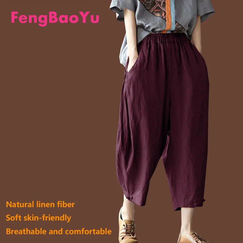 Fengbaoyu Linen Leisure Lady Seven-cent Pants Loose Waist Show Thin Radish Women Buckle Decoration Travel Vacation Sweatpants