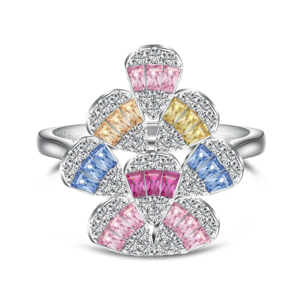 

Real S925 Silver Flower Rings Women T Diamond Colorful Ring Female Shiny 5A Zircon Luxury Jewelry Gift for Lady Party Banquet