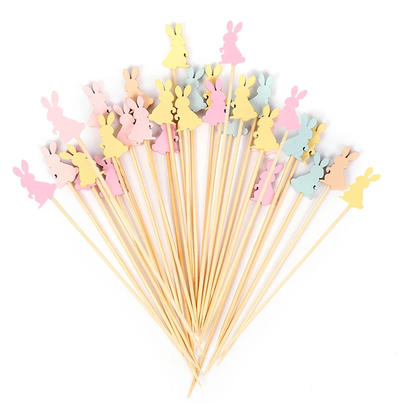 50/100PCS Easter Bamboo Sticks Rabbit Egg Pattern et Cupcake Fruit Snack Fork Happy Easter Party Decoration Birthday Supplie fruit fork,food picks,bamboo sticks