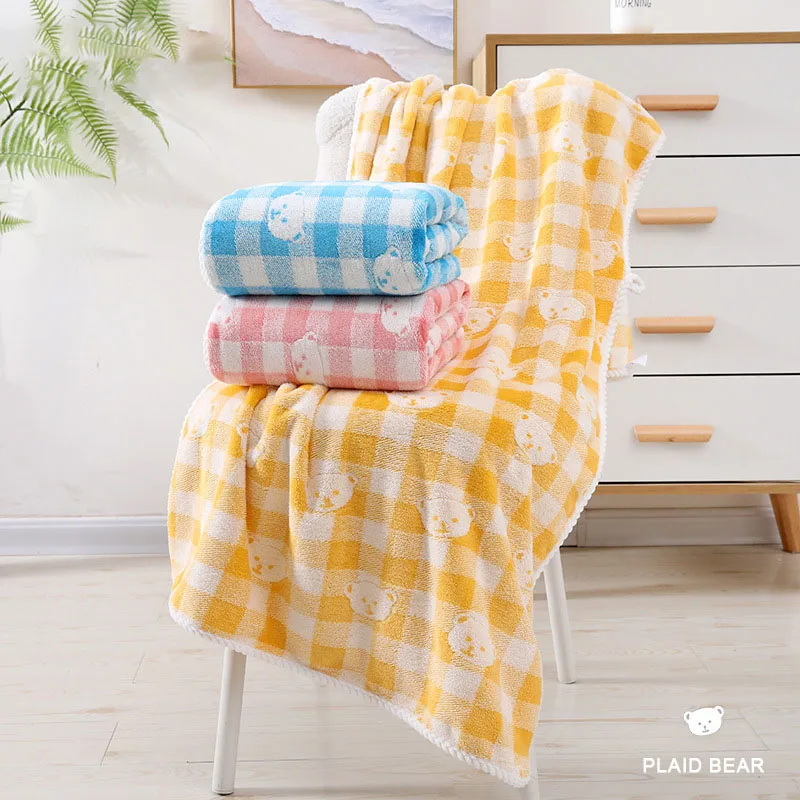 

New Jacquard Coral Velvet Bear Plaid Bath Towel Thickened Soft Absorbent Bath Towel Household Adult Children Towels