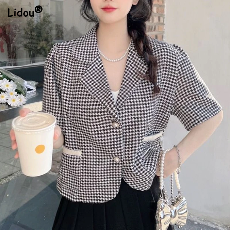 Premium Temperament Lattice Patchwork Loose Blazers Pockets Button Fashion Casual Notched Women's Clothing Spring Summer Thin