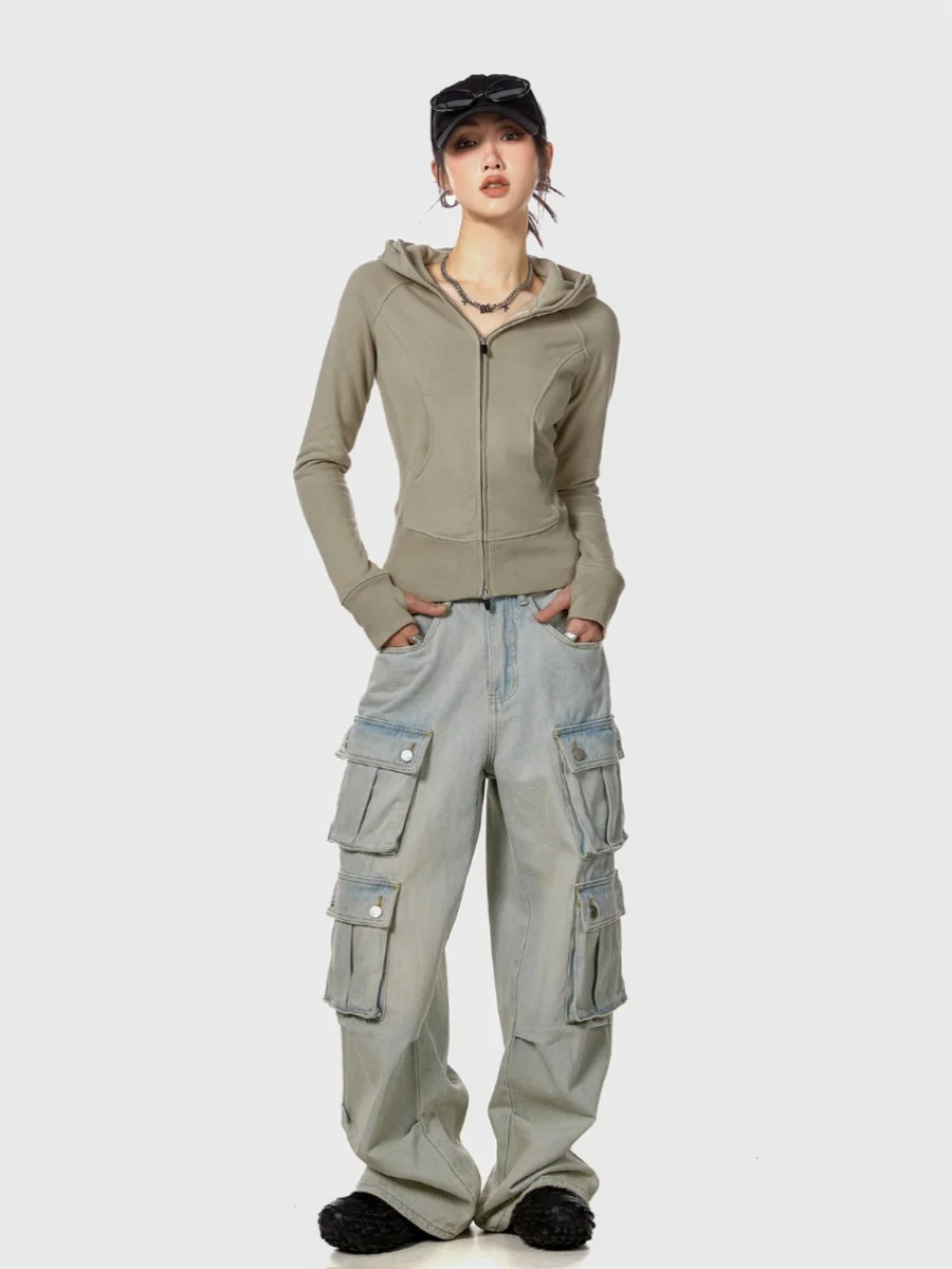 Slim and thin sweet and cool versatile hooded short sweater solid color American basic casual jacket women's autumn 4