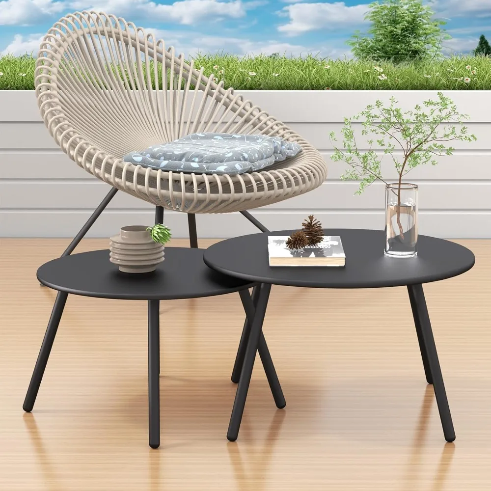 Round Metal Outdoor Side Coffee Table for Outside Patio, Black Coffee Tables 2