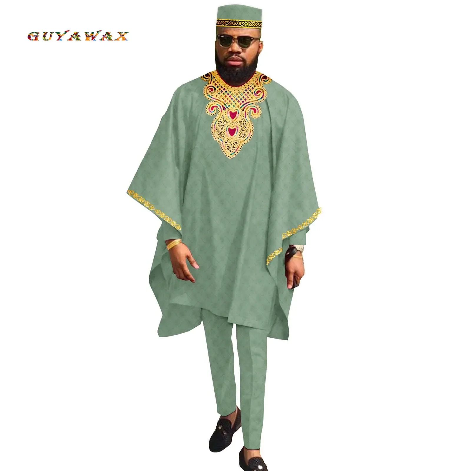 

Лидер продаж, Новая африканская традиционная одежда для мужчин, халат Agbada, вышивка, верхняя одежда, рубашки, брюки, шапки, комплект из 4 предметов, Дашики, кафтан, племенной