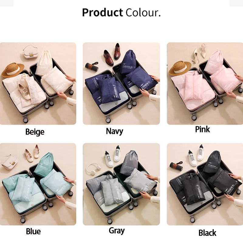 1 Set 7pcs Travel Storage Bags - Solid Color Portable Clothes Sorting  Storage Bags Including Shoe Bag, Clothes Bag, Drawstring Bag, Flat Bag And  Underwear Bag