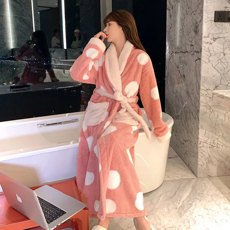Robes Women Print Mid-calf Design Winter Warm Thick Korean Style Homewear Lounge Casual Popular Feminino Fashion Loose Basic New