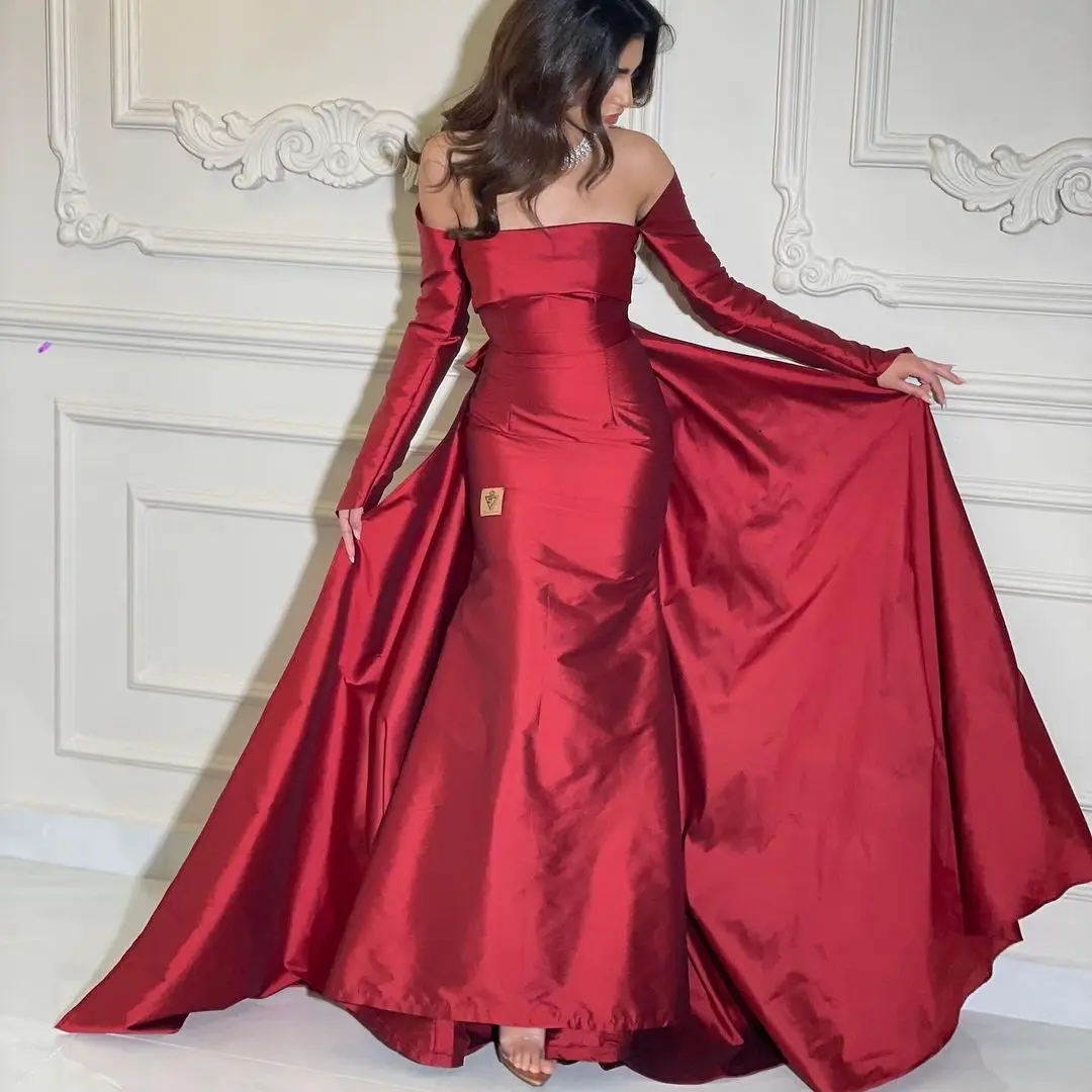 

Lovestory Burgundy Mermaid Prom Dresses 2024 Saudi Arabia Women Wear Long Sleeves Evening Party Dress with Overskirt Formal Gown