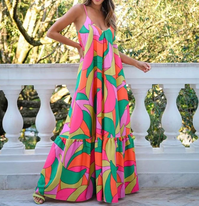 Women's French Printed Deep V-Neck Backless Suspender Casual Long Dress 2024 New Summer Female Fashion Loose Sling Dresses
