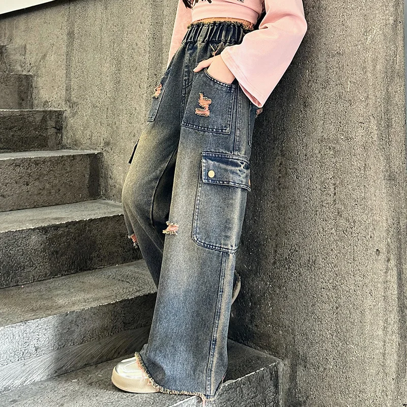 여아용 헤비 인더스트리 레트로 데님 작업복, 서양식 빅 포켓 디자인, 큰 어린이 와이드 레그 팬츠, 어린이 작업복, 5-15 세