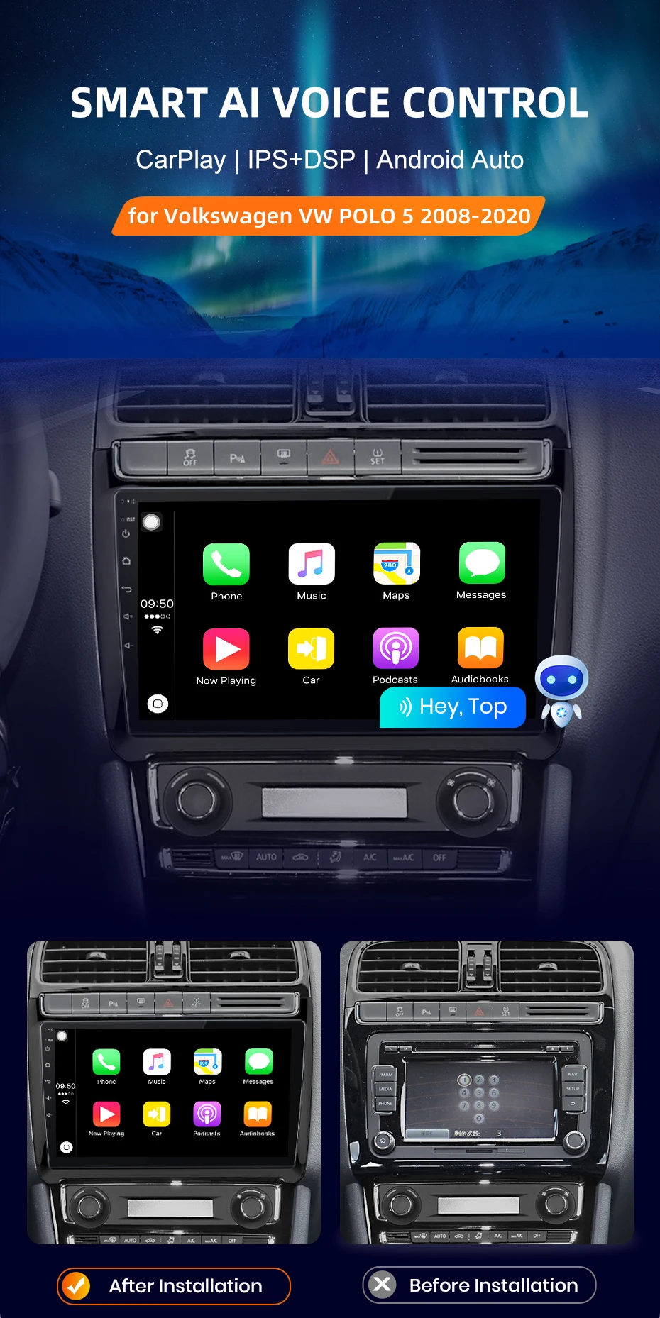 Für VW Volkswagen POLO 5 Limousine 2008-2020 CarPlay für Apple Android Auto Auto Radio GPS IPS RDS WiFi BT 4G 8Core Multimedia Stereo – Detail 2