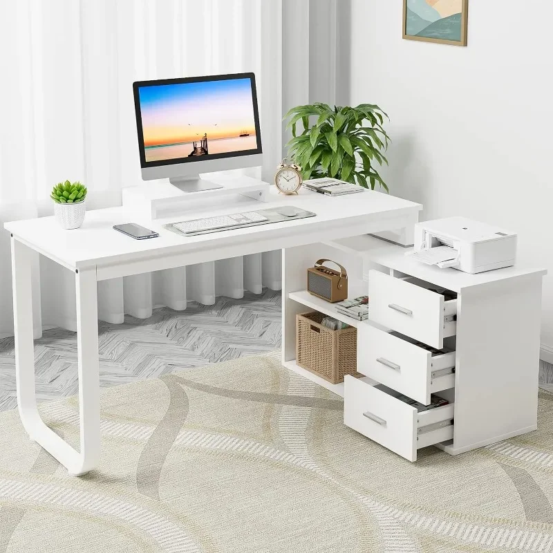 White L Shaped Computer Desk with Storage Drawers, 55 Inch Reversible L Shaped Desk with 2 Shelves and Monitor Stand монитор asus vz279he w 27 wide led ips monitor full hd white 90lm02xd b01470