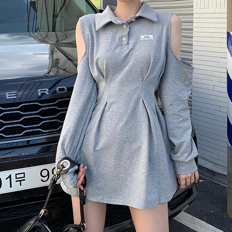 

Spring New Polo Neck Off Shoulder Dress Women Fashion Design High Waist Y2K Long Sleeve Mini Dresses