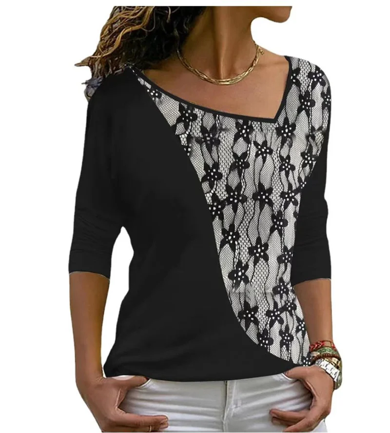 British Style Casual Printed Women's T-Shirt Pullover Slanted Collar Shirt V-neck Long Sleeves Ladies Commuter Wear Tops Women