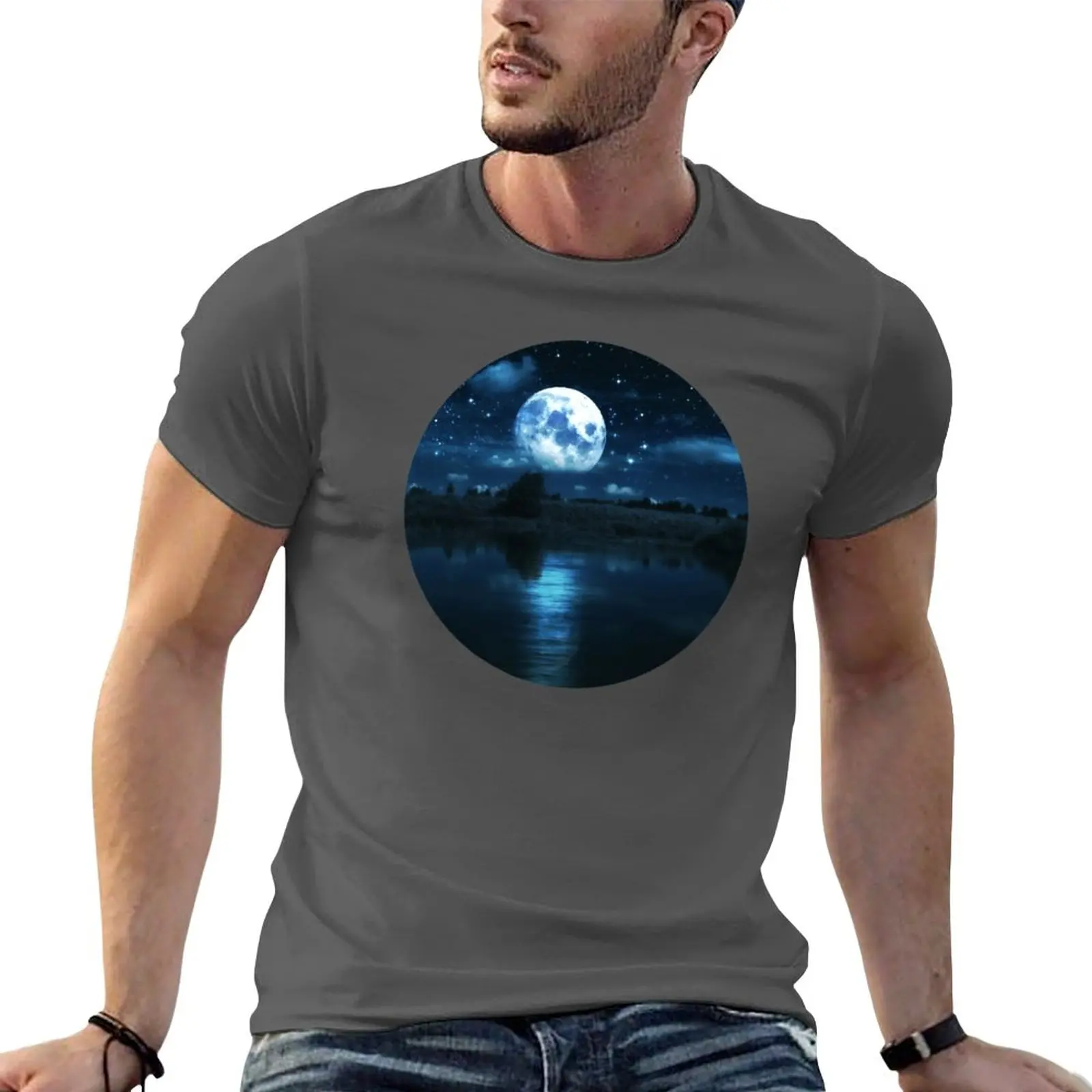 

New Full moon over river T-Shirt plain t-shirt Aesthetic clothing black t shirts black t-shirts for men