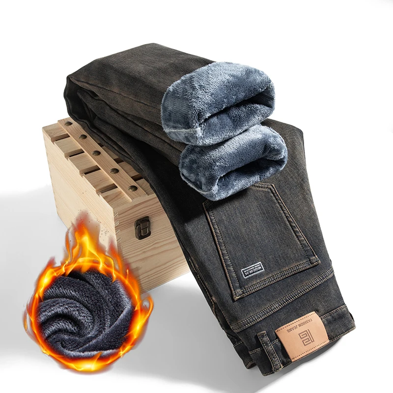 

Thickened Winter New Brushed Jeans Retro Fashion Straight Slim Stretch Casual Distressed Warm Fleece Denim Trousers