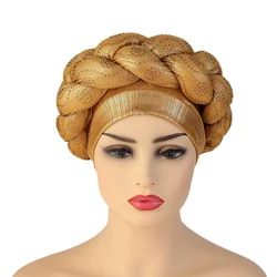 Auto Gele African Headtie Bonnet Hat Turban for Women Muslim Head Wrap Scarf Shimmer Pleated Hijab Aso Oke Inner Hijab Cap