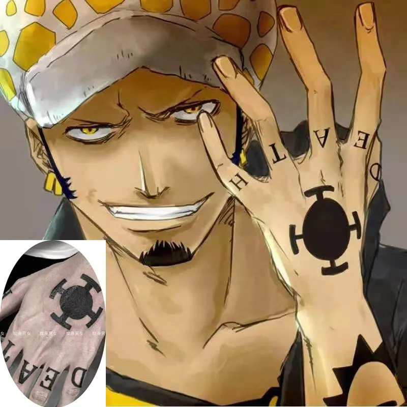 

Anime ONE PIECE Luffy Lasting Finger Tattoo Stickers Adult Cos Law Ace English Letter D E A T H Flower Arm Fake Tattoos Toys