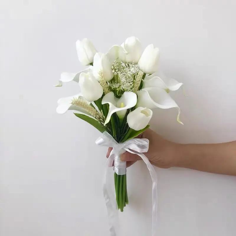 Bridal Wedding Bouquet Bridesmaid Artificial PE PU calla Flower Fake Pearl Pink Bouquet Wedding Supplies Festival Decorations