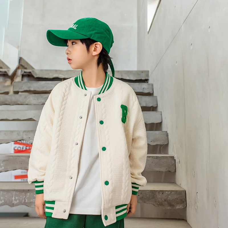 Boys Letter Patched Striped Trim Varsity Jacket 2022 Baseball