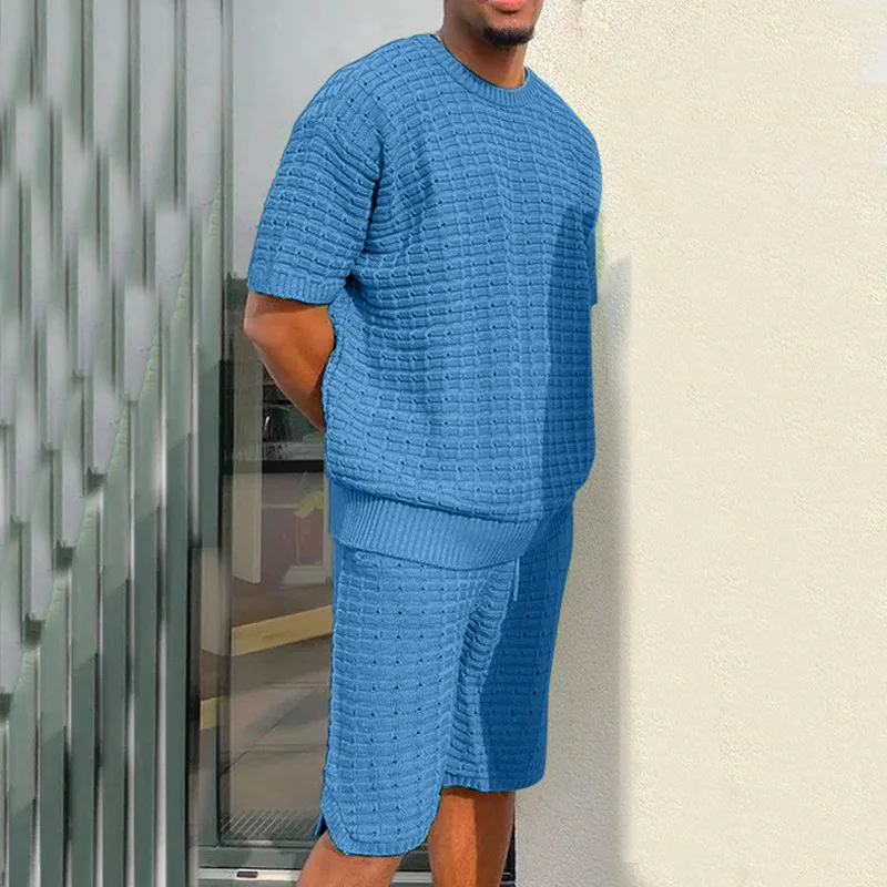 Summer Men Solid Color Two Piece Sets Short Sleeve O Neck T-shirts And Drawstring Shorts Suits For Mens Clothing Casual Outfits