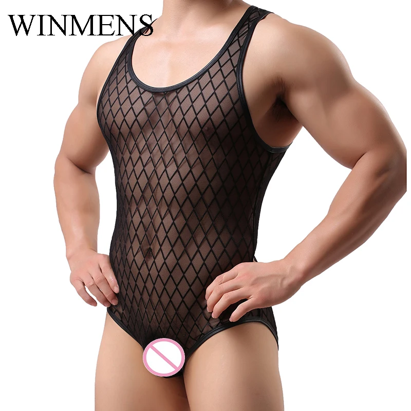Adult One-Piece Pajama Black Diamond Mesh Men's See Through Bodybuilding Jumpsuit Fishnet See Inner Sleeveless Bodysuit Fitness
