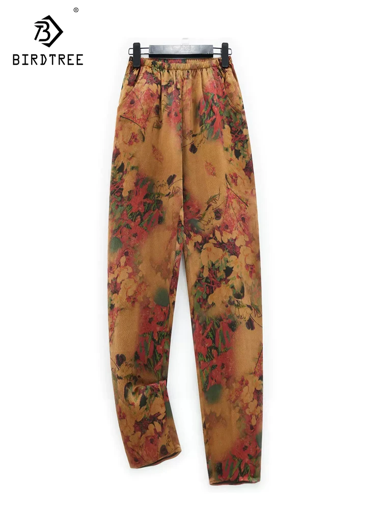 

BirdTree Real Silk XiangYunSha Cropped Pants, Women Retro Pearl Satin Slim, High Waist Leggings Long Pants, 2024 Spring B41849QC