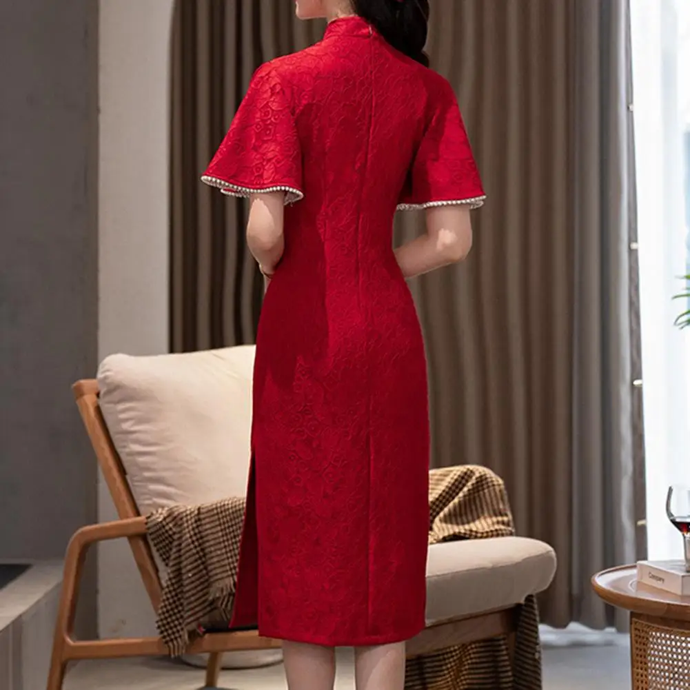 

Retro Print Qipao Women Cheongsam Dress Elegant Lace Cheongsam Qipao Stand Collar Retro Dress for Women Chinese Style Evening