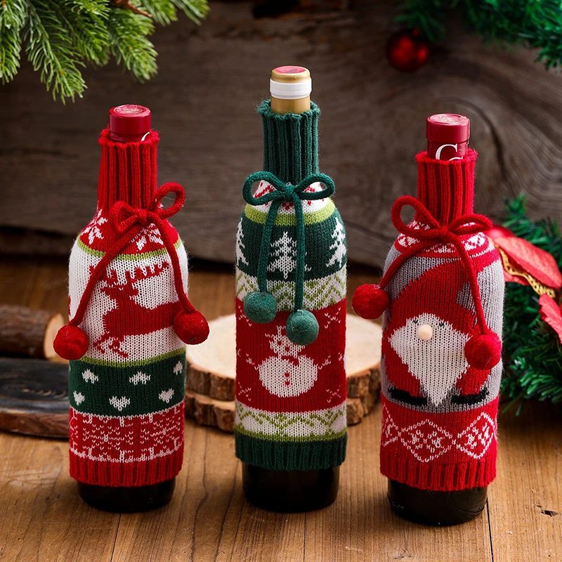 

Рождественское украшение, вязаный шерстяной чехол для бутылки с Санта-Клаусом, оленем, снеговиком, чехол для бутылки вина, настольное украшение для кухни, подарки