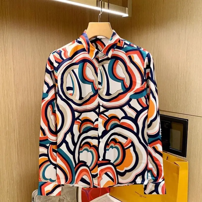 2024 New Spring Korean Wave Fashion Style Personalized Casual Versatile Printed Long Sleeve Slim Fit Button Men's Shirt Top