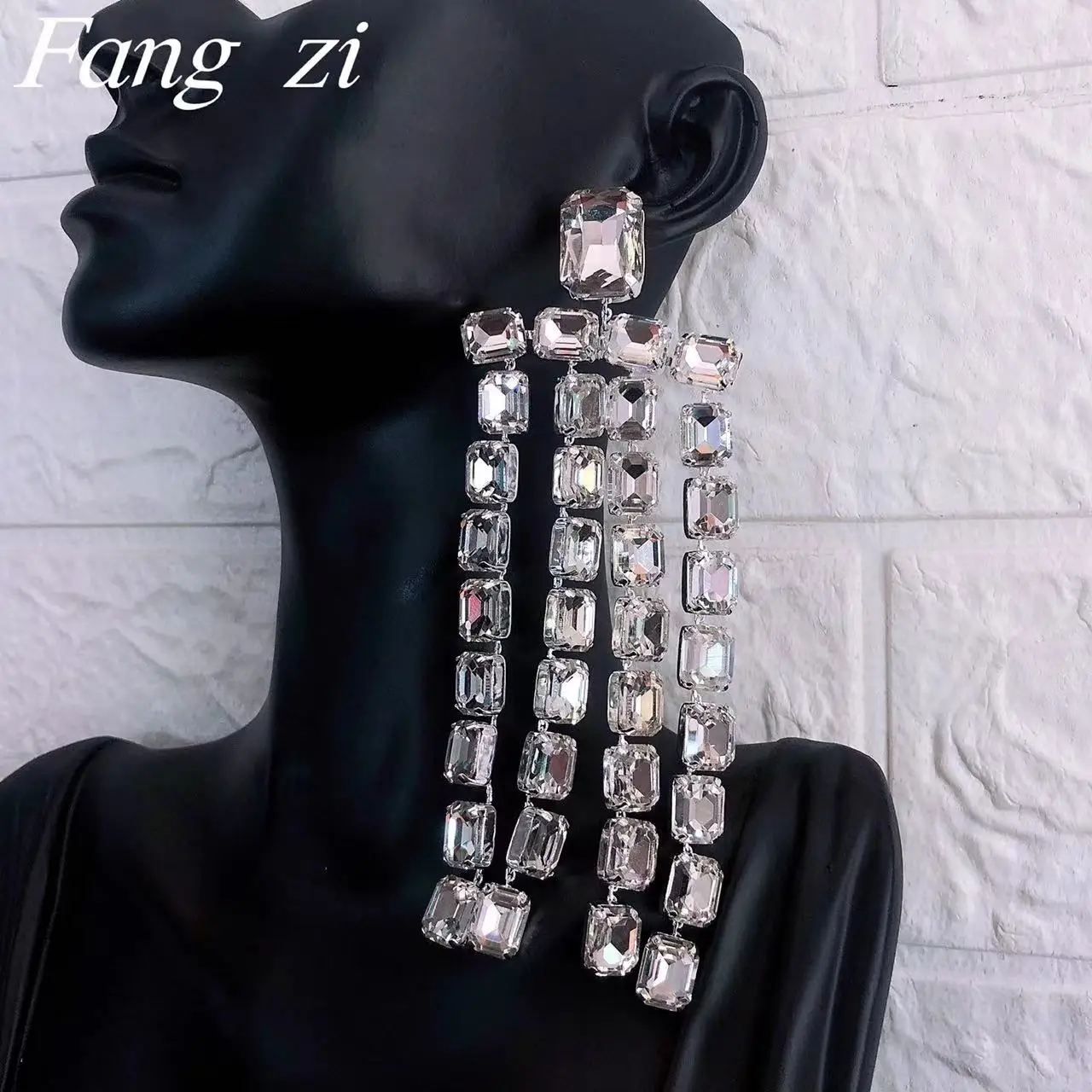 

Women's luxury white blue glass long tassel hanging pendant earrings fashion girl accessories large square Crystal Earrings Jewe