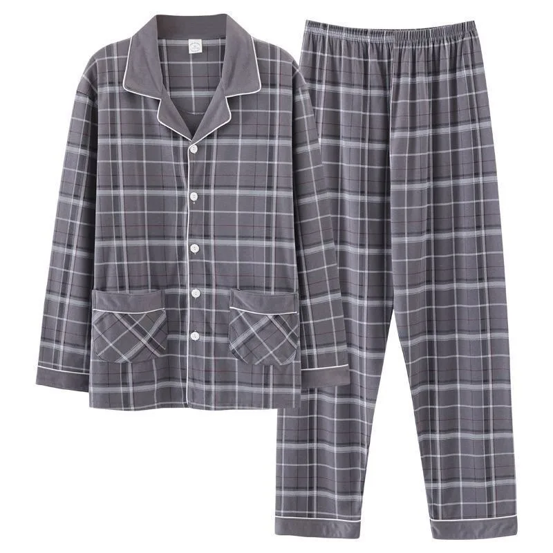 Cotton Pajamas Men Long-Sleeved Lapels Men Comfort Suits Young and Middle-Aged Spring and Autumn Loungewear Plus-Size 2 Piece Set