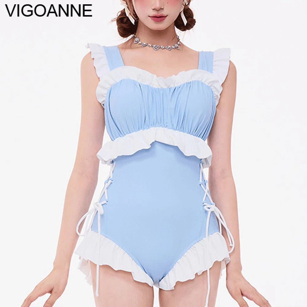 

VigoAnne Solid Verge Swimwear Women 2023 Sexy Strapped Push UP One Piece Swimsuit Korean Closed Monokini Beach Bathing Suit