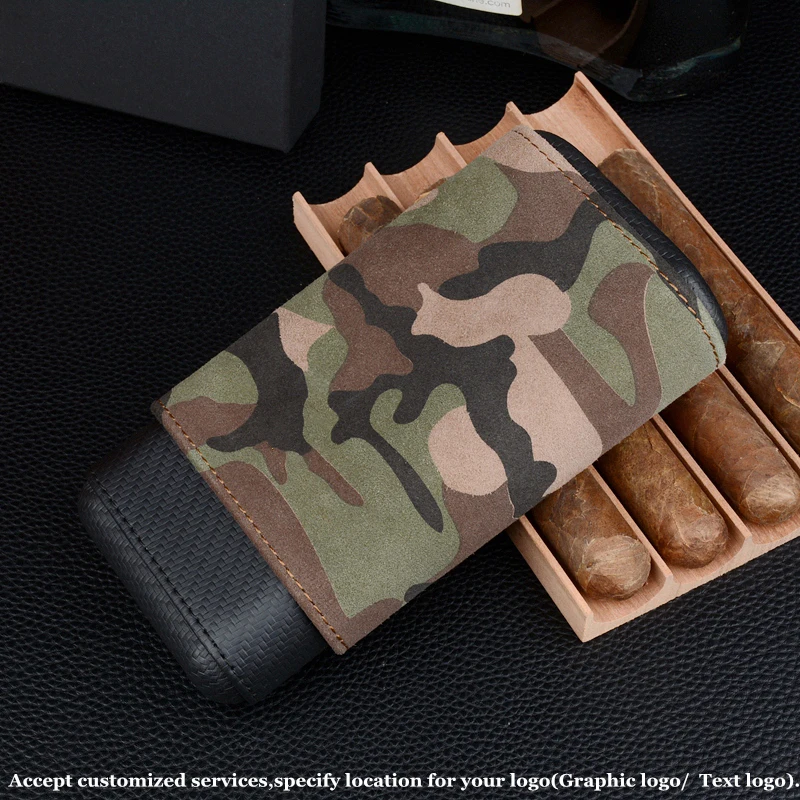 

Большой размер, кожаный держатель для сигар, 3 трубки, мини-коробка из кедрового дерева, дорожный хьюмидор с логотипом, аксессуары для сигар, камуфляжный инструмент