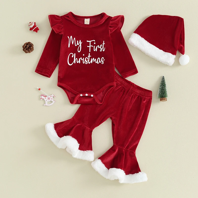 

Infant Baby Girl Christmas Jumpsuit Outfits Letter Print Long Sleeve Romper + Flare Pants + Hat Toddler Clothes