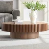 43.7''Oval Drum Coffee Table Handcrafted Relief Sturdy Pedestal Wooden Olive-Shaped Tea Table for Living Room 6
