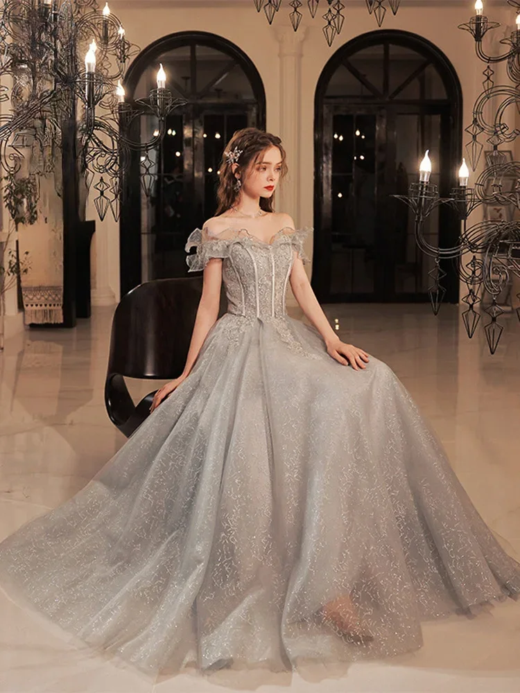 Evening Dresses Wedding Party Gown Exquisite Slim A-Line Sequin Bandage Backless Strapless Off Shoulder Floor-Length