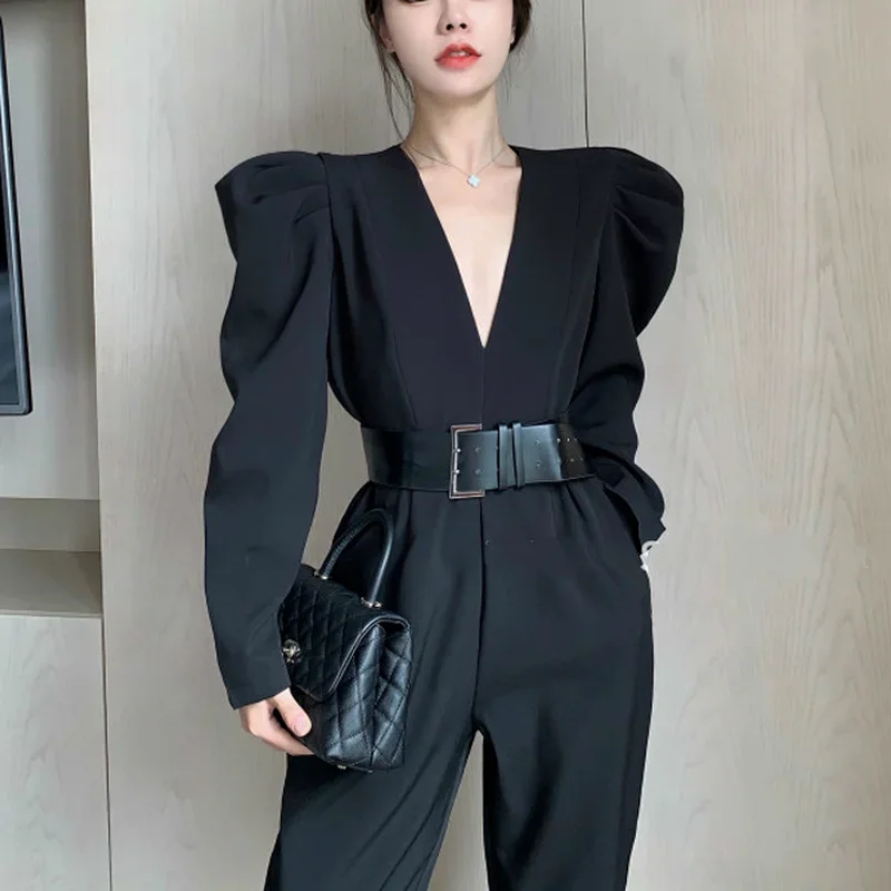 Black Vintage Solid Women Jumpsuit Gothic Sexy Deep V Neck Playsuit Belt Elegant Office Lady Bodysuit Korean Fashion Plus Size