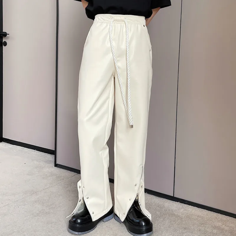 Men PU Leather Pants Button Zipper Thick Rope Decoration Streetwear Windproof Straight Trousers Punk Trend Baggy Pantalon