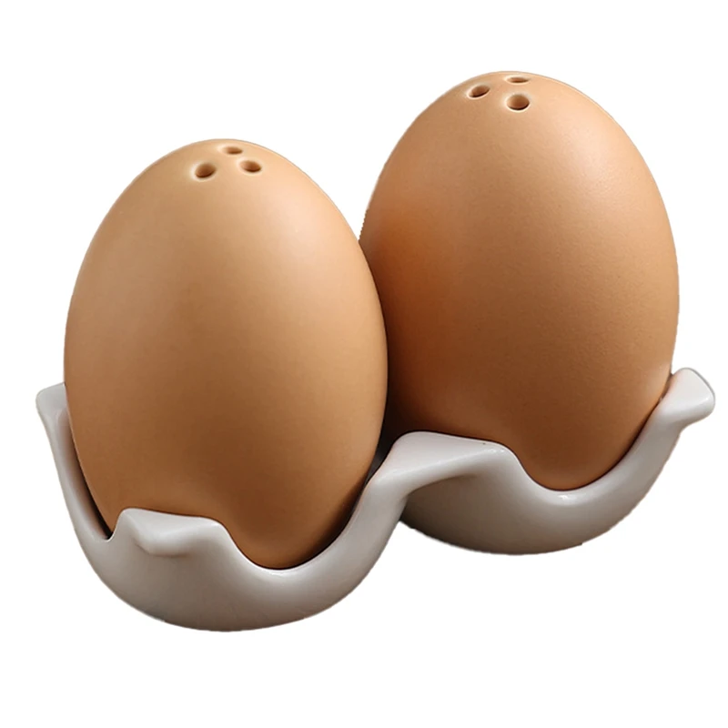 Ceramic Salt Set Pepper Shaker Set Mini Brown Egg Shaped Shakers With Carton Design Holding Stand Seasoning Jars