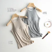 Basic Solid T shirts Women Slim Halter Neck Off-shoulder Camisole Tops Tees Summer Female Tanks Sleeveless With Chest Pad 4