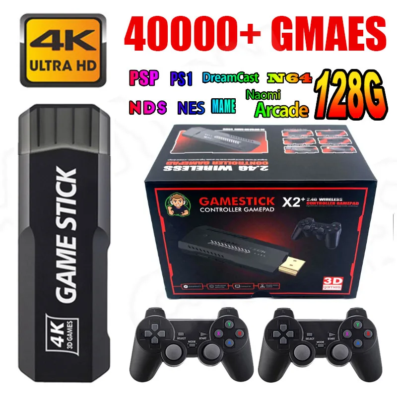 Game Stick Retro 4k - 128GB e 41mil jogos v4.5 Custom com 2 Controles