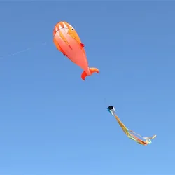 Giant 2.2m Whale/Dolphin Kite with Long Tail and 100m Line - Perfect (Orange Dolphin)