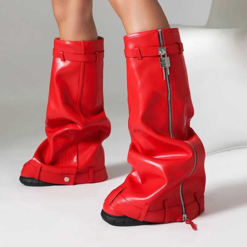 

fashion punk shark lock knee high boots woman folded leather wedge high heel lncreasing double barrel autumn boots women shoes