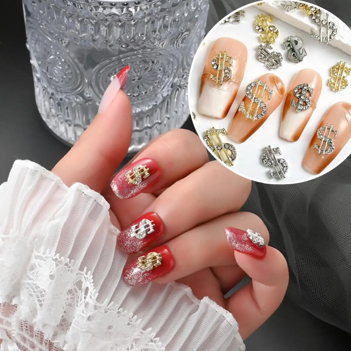 10PCS Exquisite Dollar Sign Nail Charms Metal Alloy Sparkling Rhinestone Nail Art Decorations Accessories For Manicure DIY 5